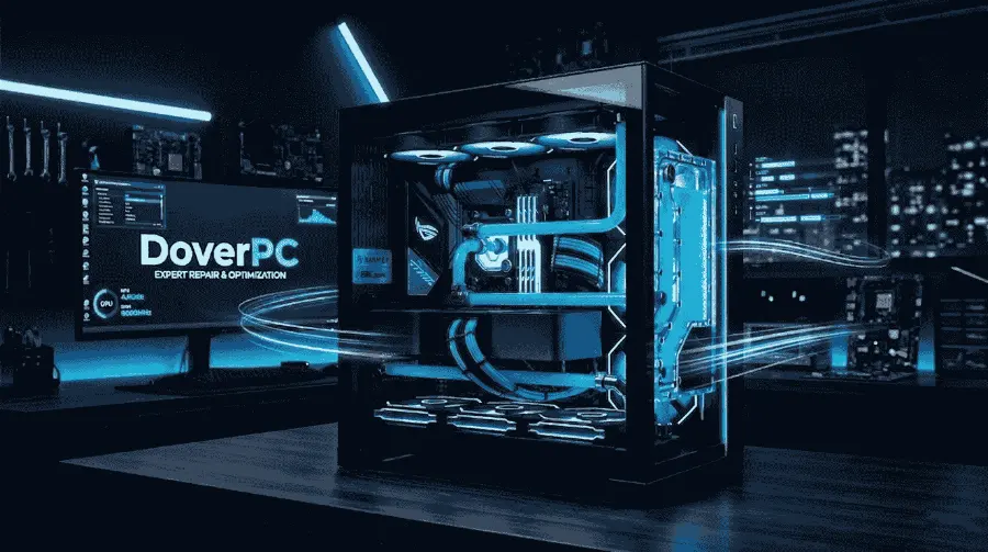 Custom gaming PC with blue lighting repaired and tuned by DoverPC