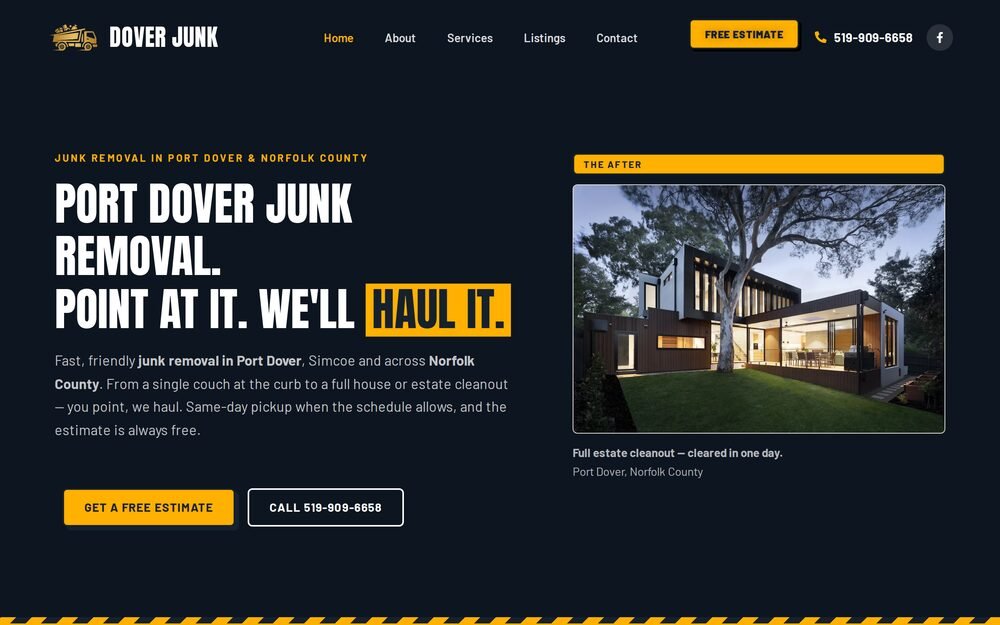 Screenshot of the doverjunk.com home page